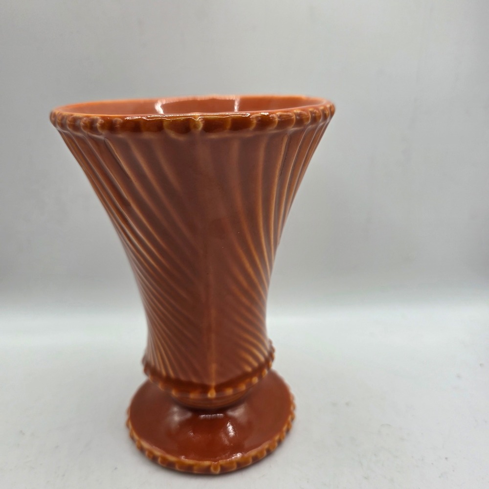 McCoy USA Pottery Burnt Orange Spiral Ribbed Beaded Trumpet Vase MCM